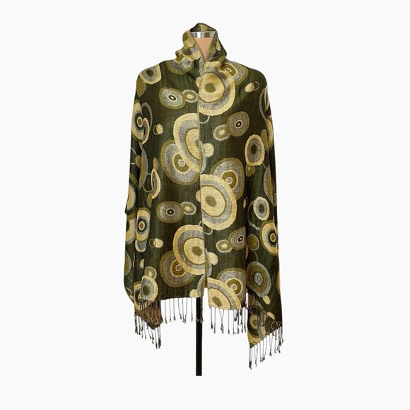 Shawl Wrap Circles Scarf Green Beige Circular Pattern Fringe Tassels 74 x 27 - Picture 4 of 8